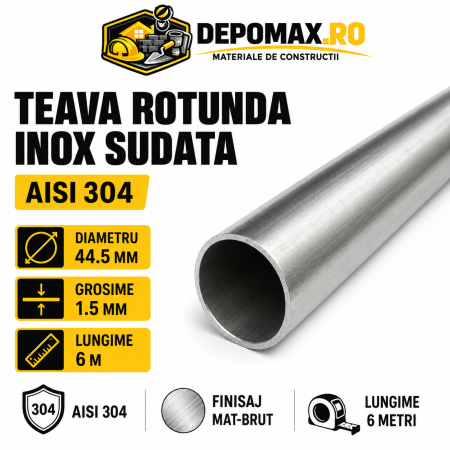 Teava rotunda inox sudata AISI 304, 44.5 x 1.5 mm, 6 metri
